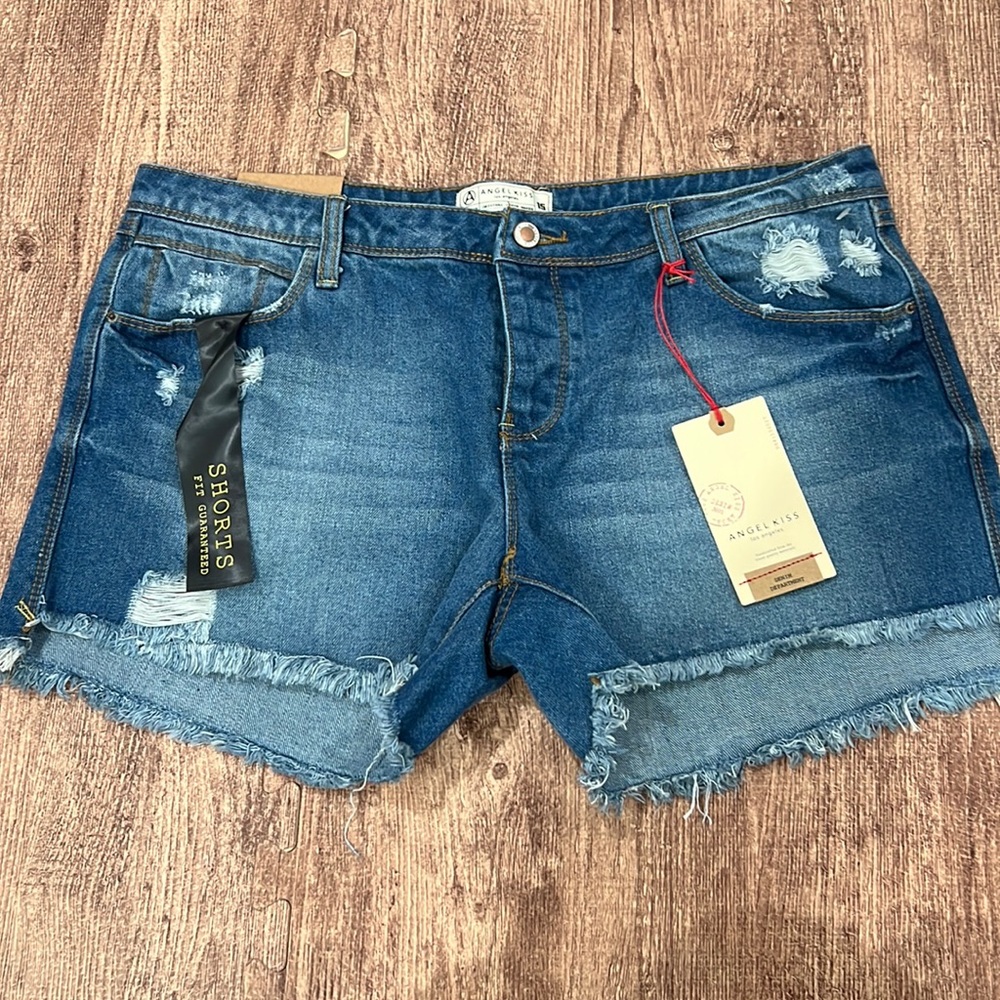 Angel Kiss Mid Rise Destruct Frayed Hem Jean Shorts